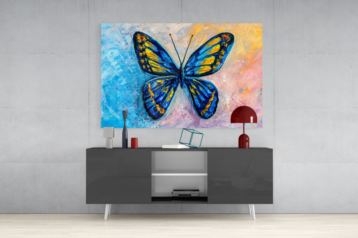 Blue and Gold Oil Butterfly Glass Wall Art