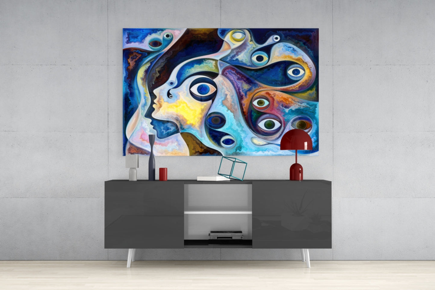 Surreal Blue Faces Eyes Glass Wall Art