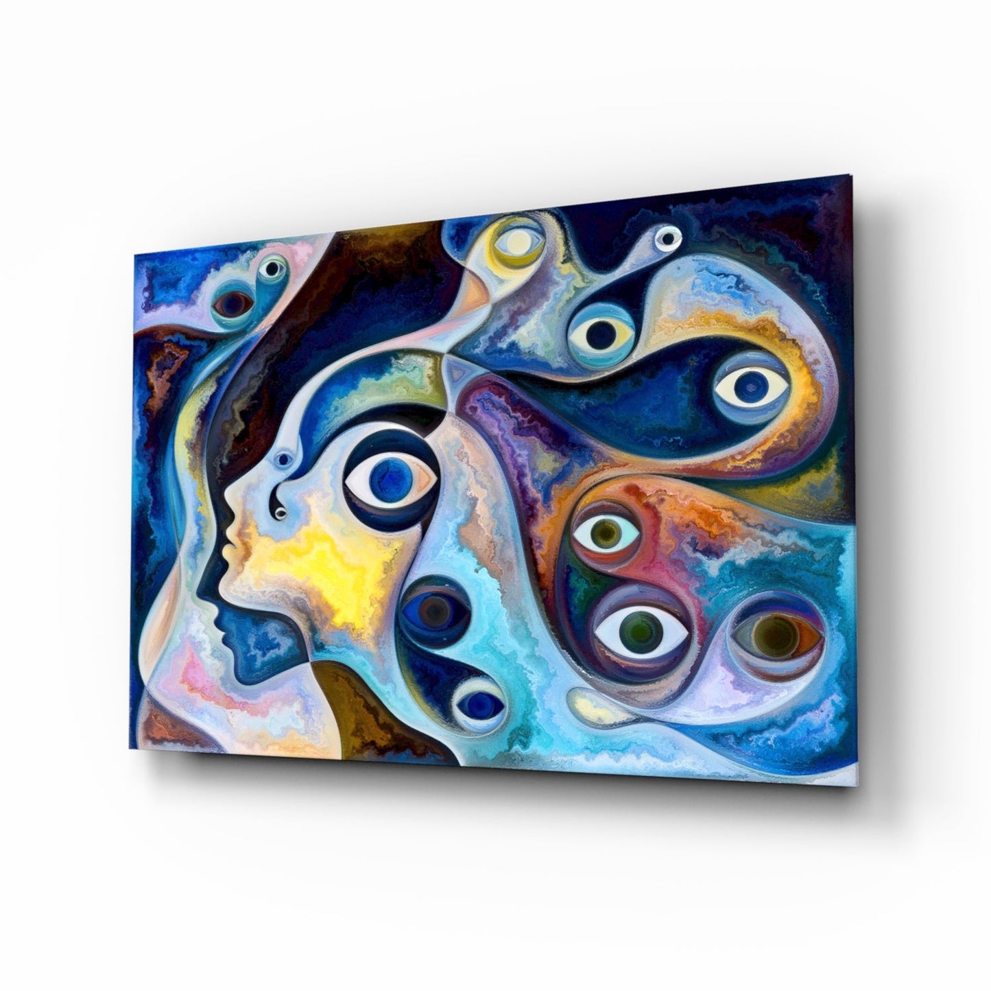 Surreal Blue Faces Eyes Glass Wall Art