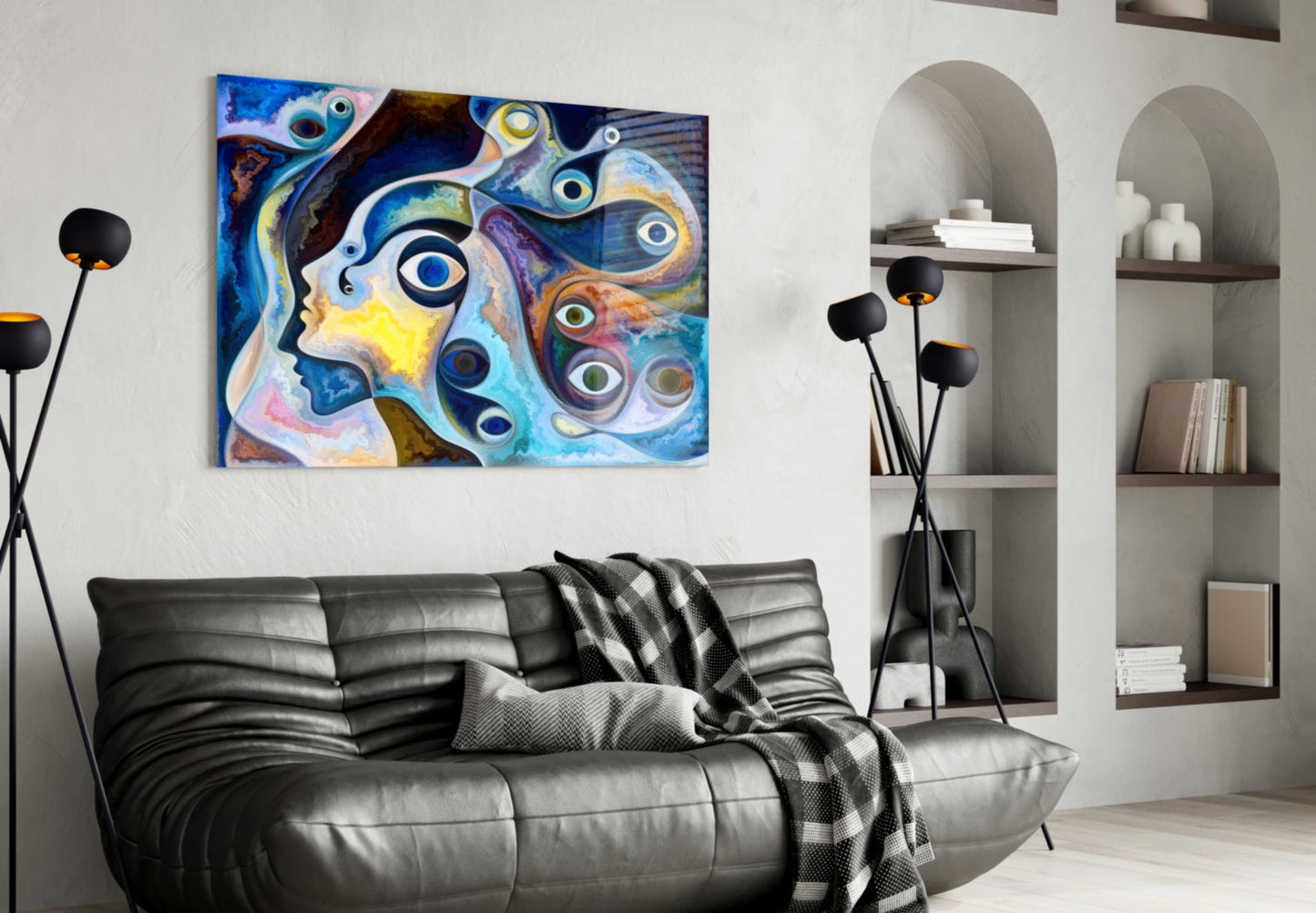 Surreal Blue Faces Eyes Glass Wall Art