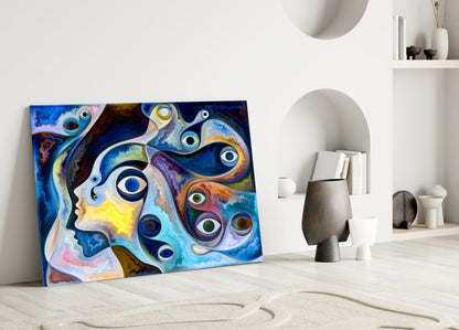 Surreal Blue Faces Eyes Glass Wall Art
