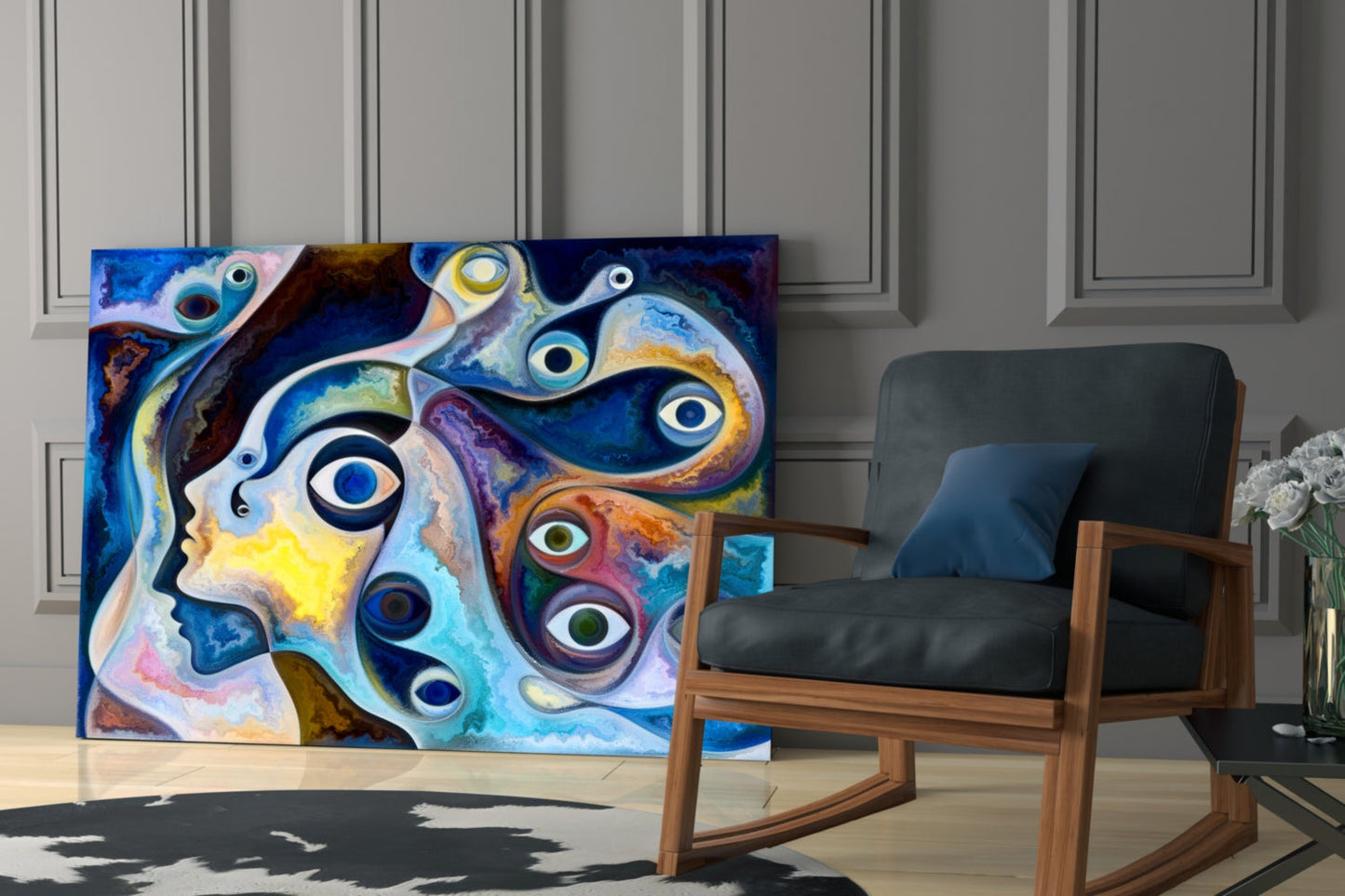 Surreal Blue Faces Eyes Glass Wall Art