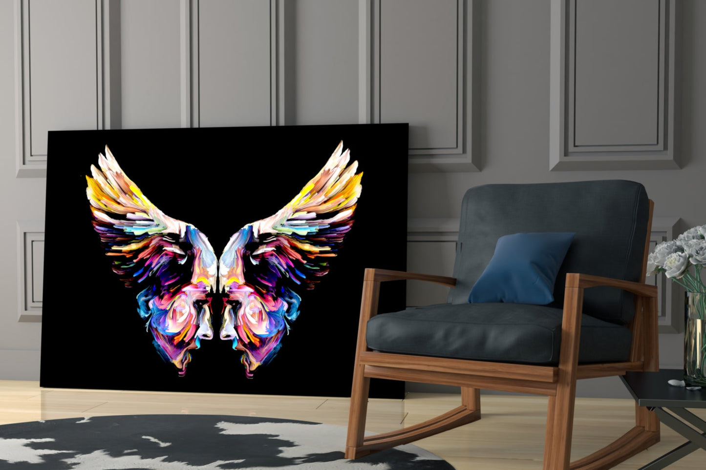 Colorful symmetrical butterfly wing glass art displayed on black background in modern living room setting with wooden chair.