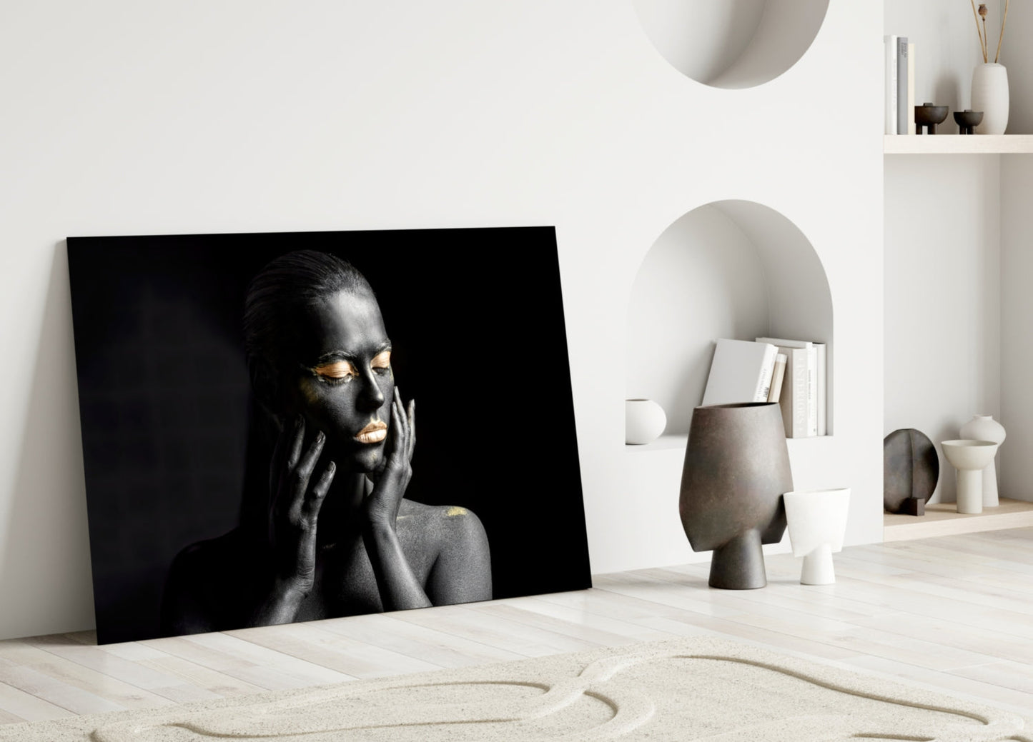 Gold Eyelids Hands Woman Glass Wall Art
