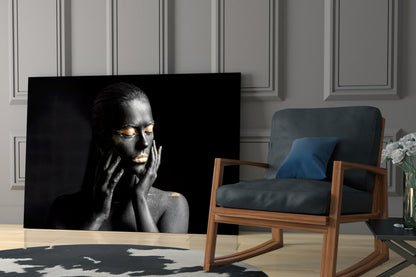 Gold Eyelids Hands Woman Glass Wall Art