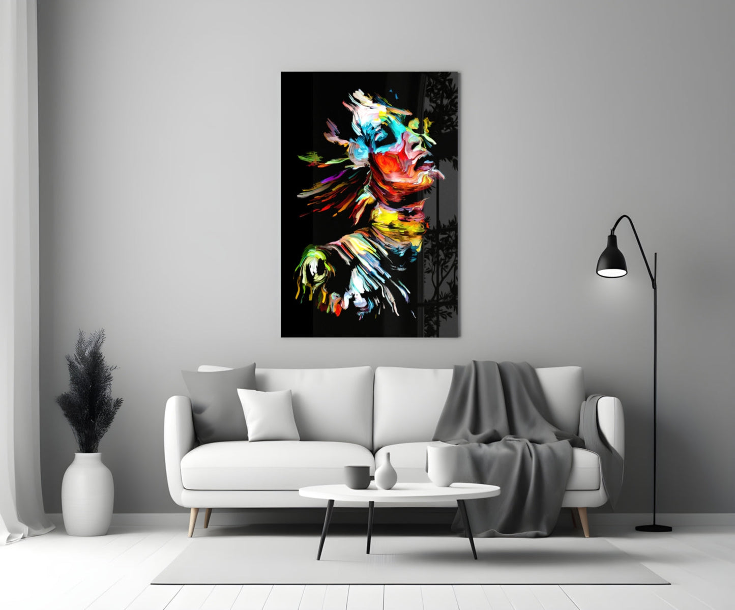 Rainbow Brushstroke Face Black Glass Wall Art