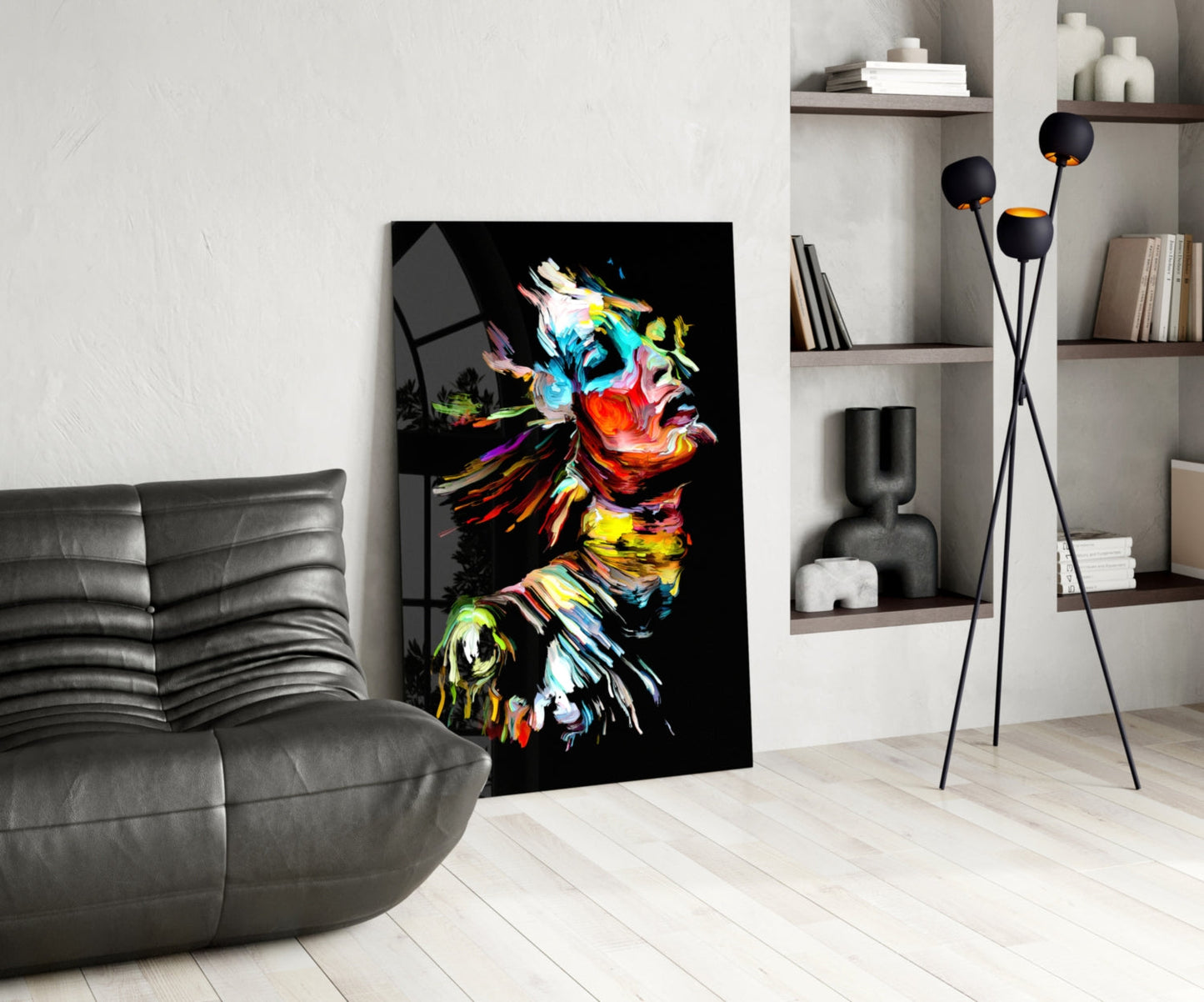 Rainbow Brushstroke Face Black Glass Wall Art