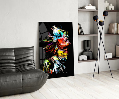 Rainbow Brushstroke Face Black Glass Wall Art