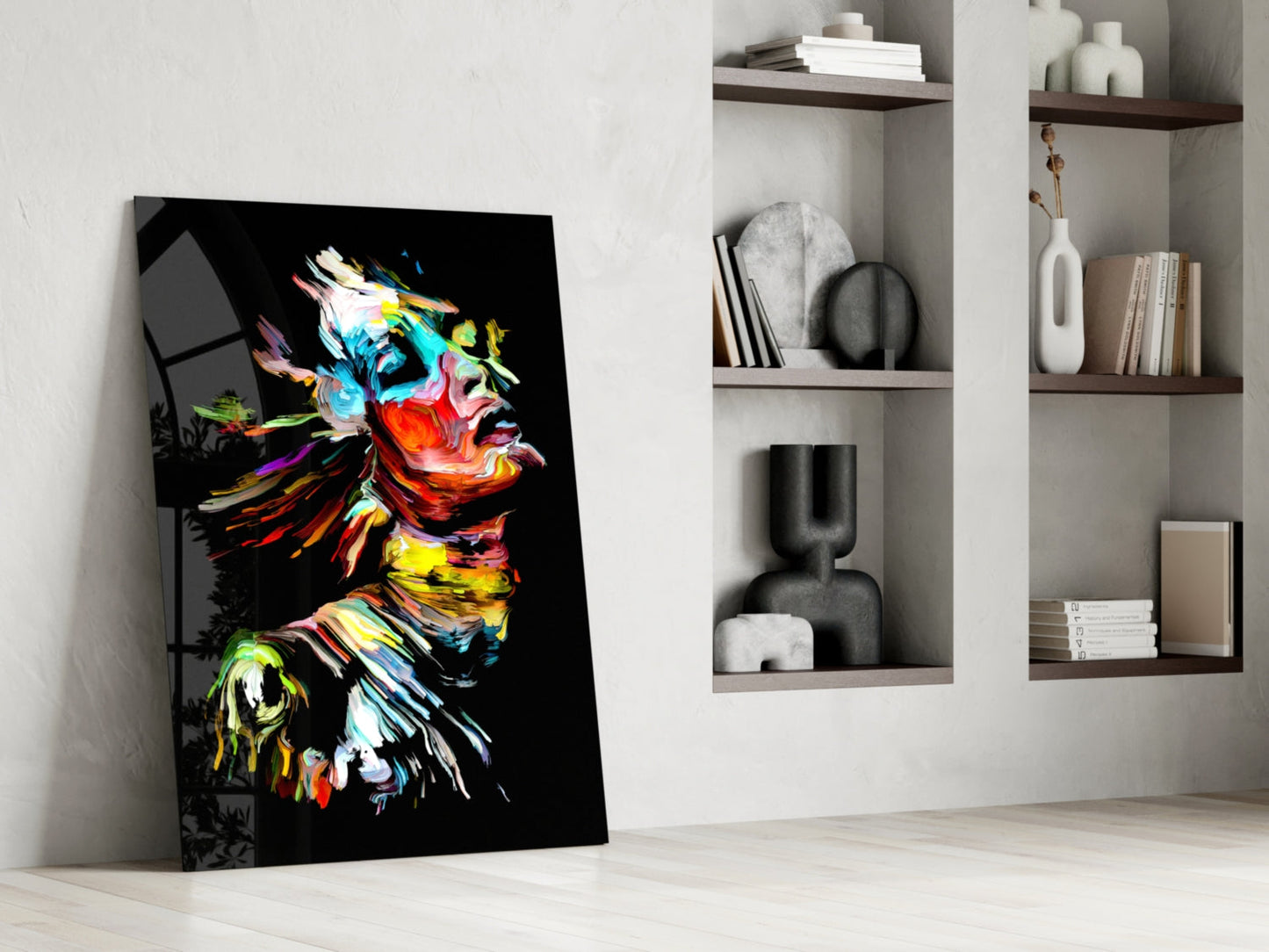 Rainbow Brushstroke Face Black Glass Wall Art