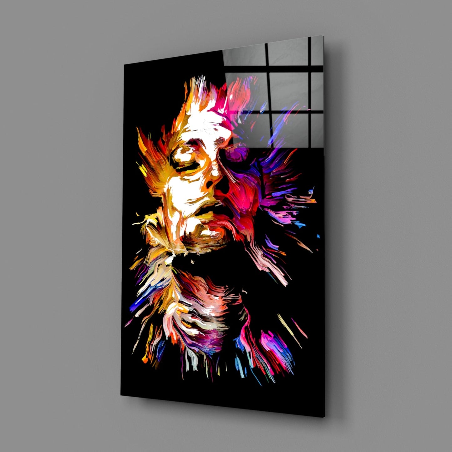 Golden Feathered Paint Face Glass Wall Art