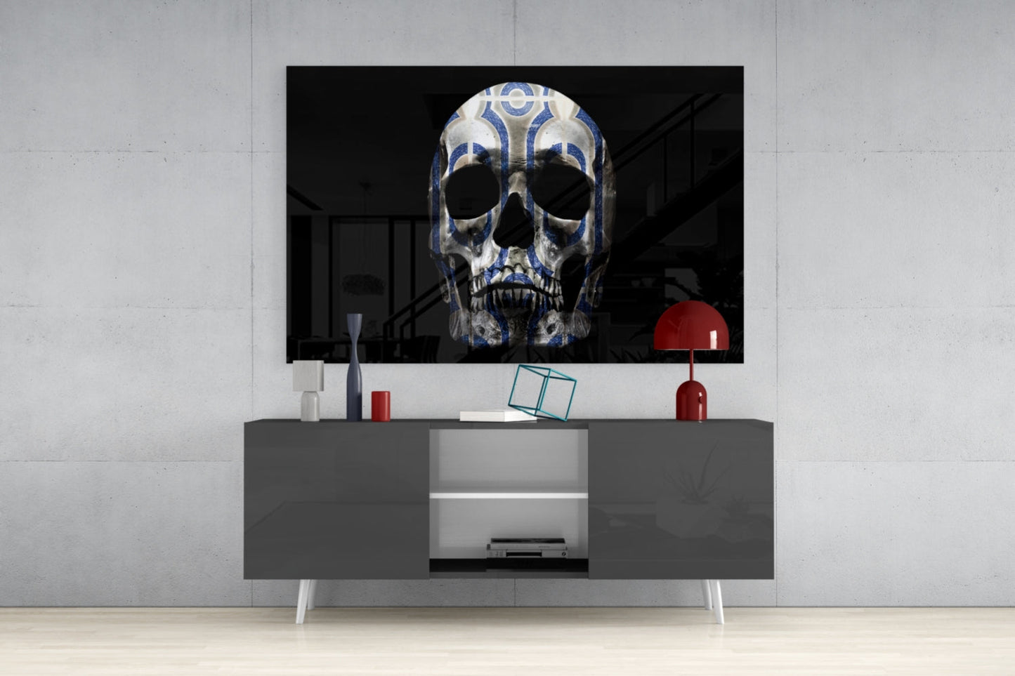 Blue Tribal Pattern Skull Glass Wall Art