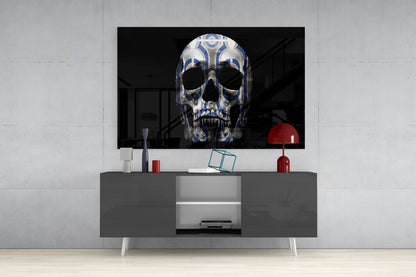 Blue Tribal Pattern Skull Glass Wall Art
