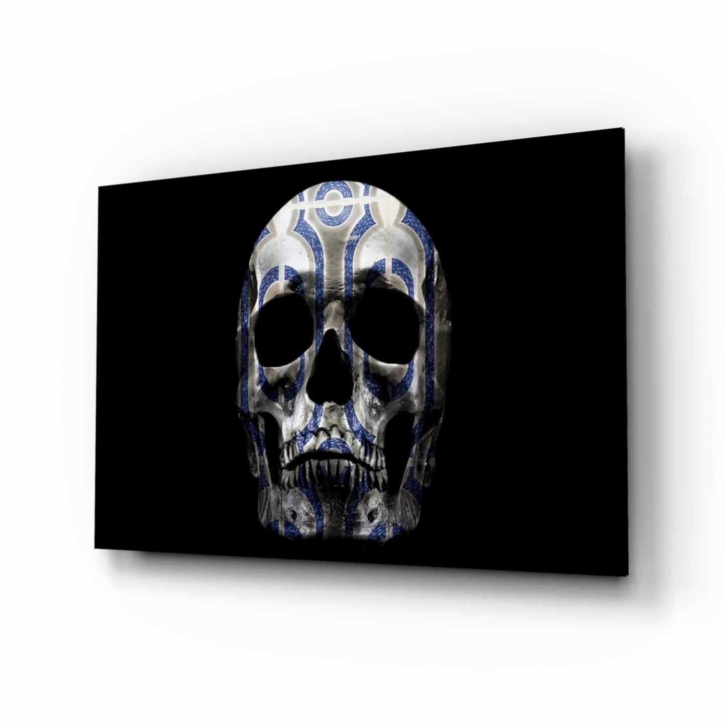 Blue Tribal Pattern Skull Glass Wall Art