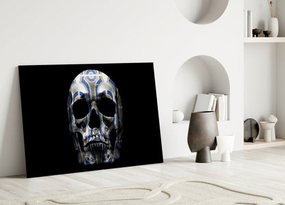 Blue Tribal Pattern Skull Glass Wall Art