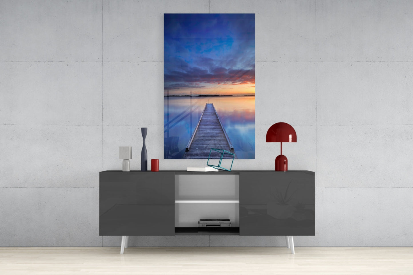 Blue Hour Lake Jetty Sunset Glass Wall Art