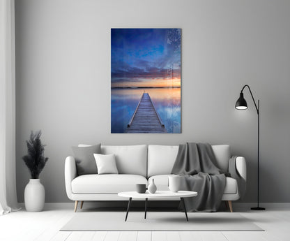 Blue Hour Lake Jetty Sunset Glass Wall Art