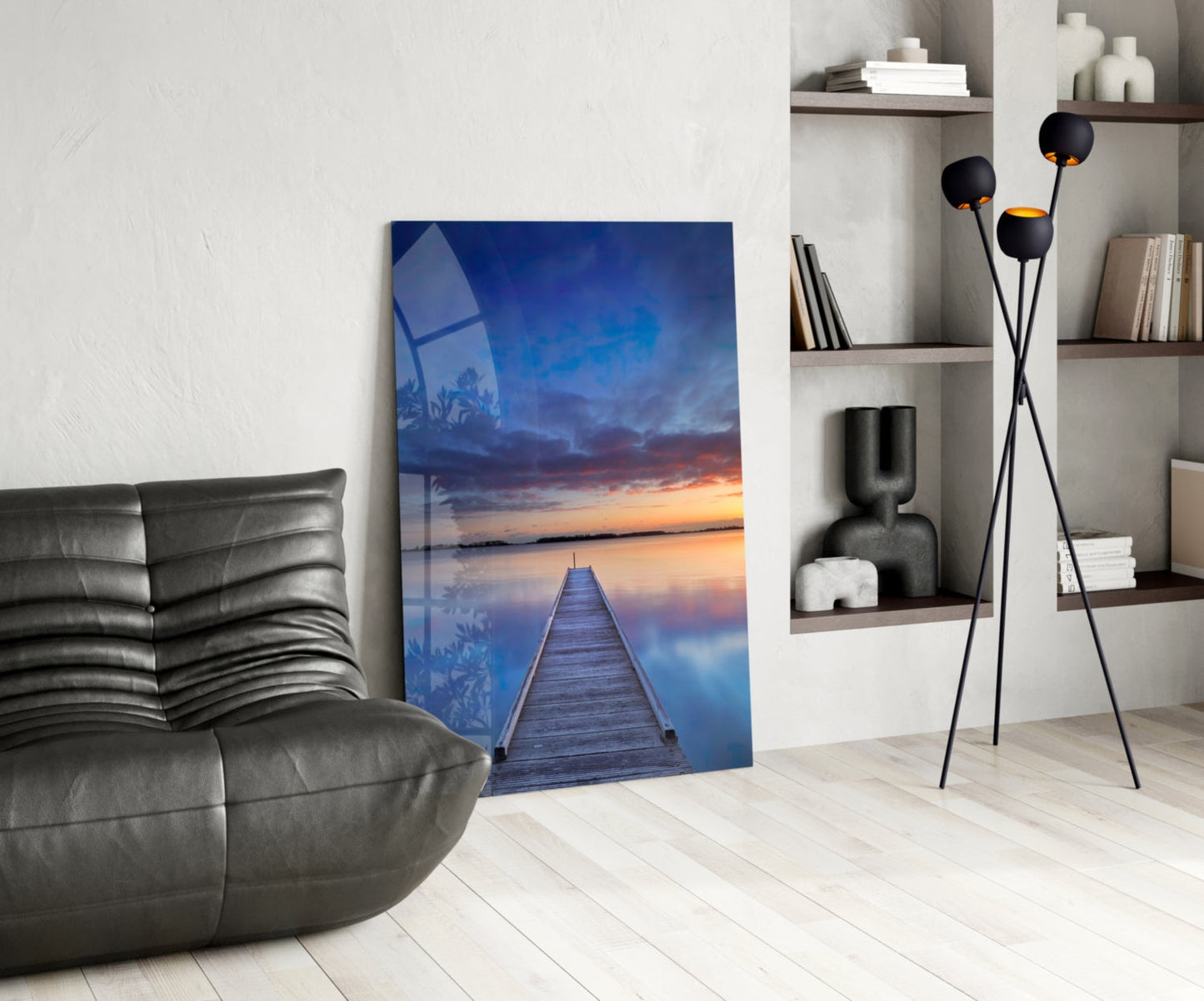 Blue Hour Lake Jetty Sunset Glass Wall Art