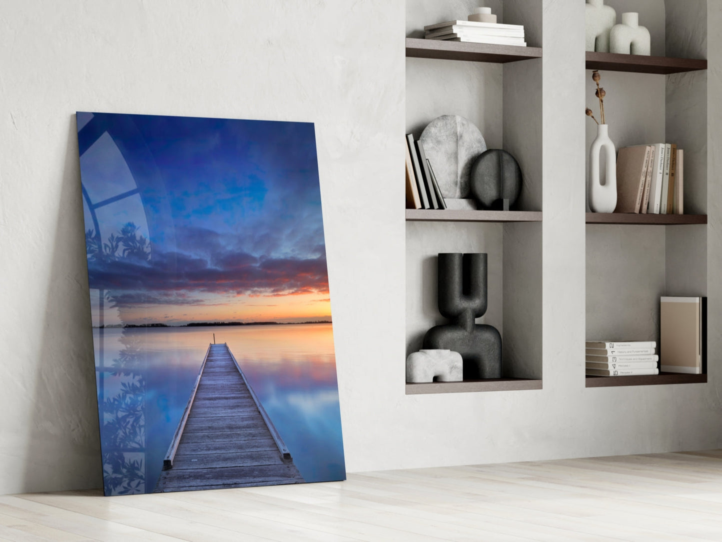 Blue Hour Lake Jetty Sunset Glass Wall Art