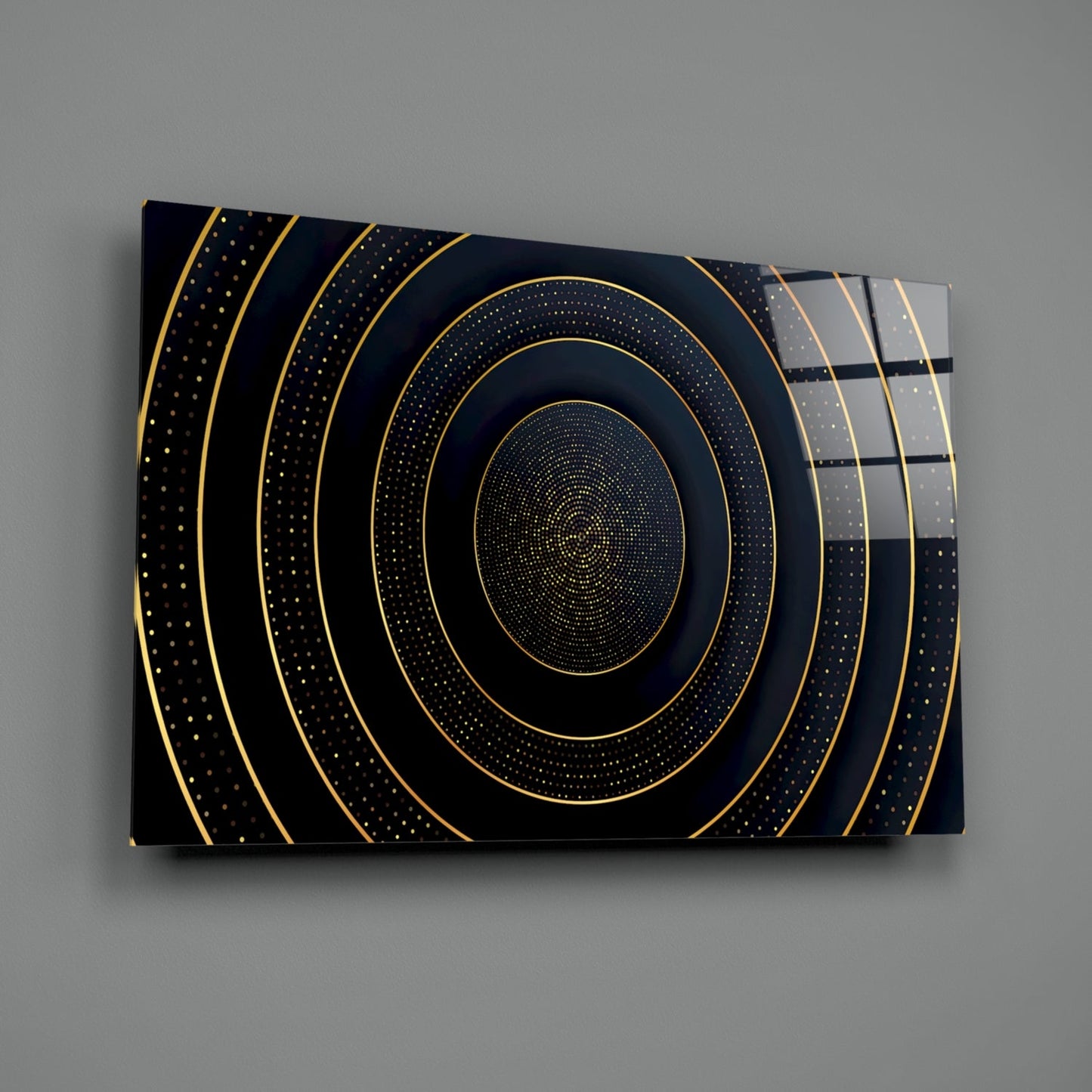 Gold Dotted Concentric Circles Glass Wall Art