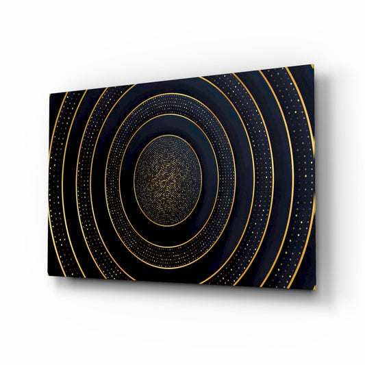 Dark navy glass wall art with concentric golden oval rings filled with small dots, displayed at an angle showing depth and dimension.