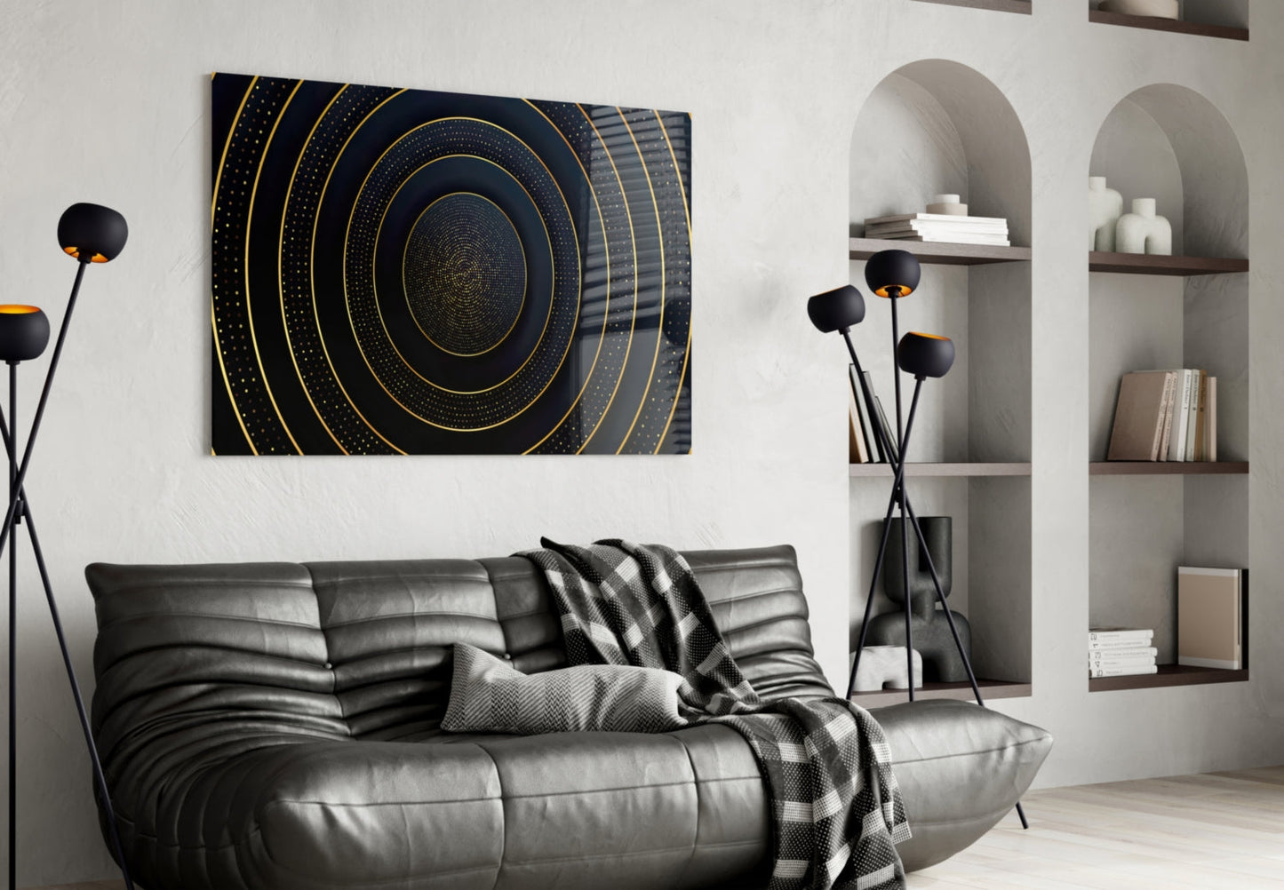 Gold Dotted Concentric Circles Glass Wall Art