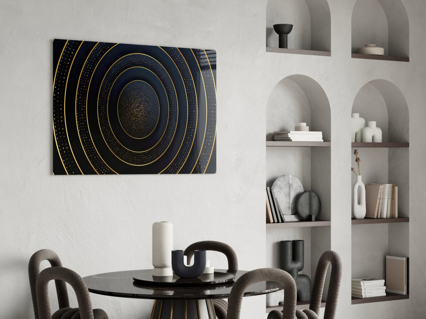 Gold Dotted Concentric Circles Glass Wall Art