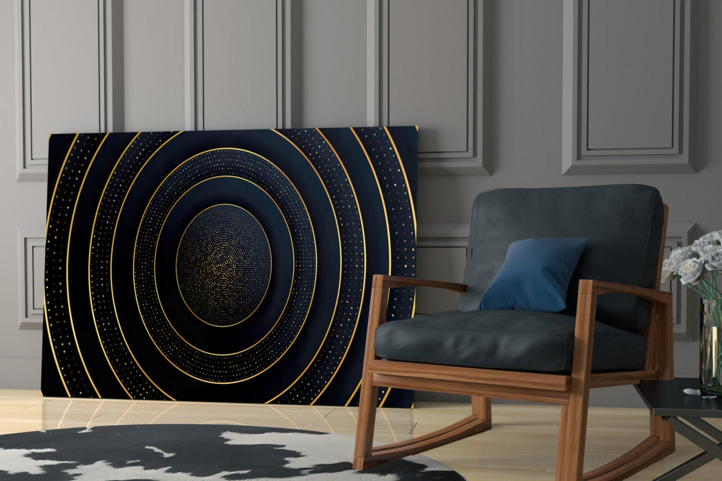 Gold Dotted Concentric Circles Glass Wall Art