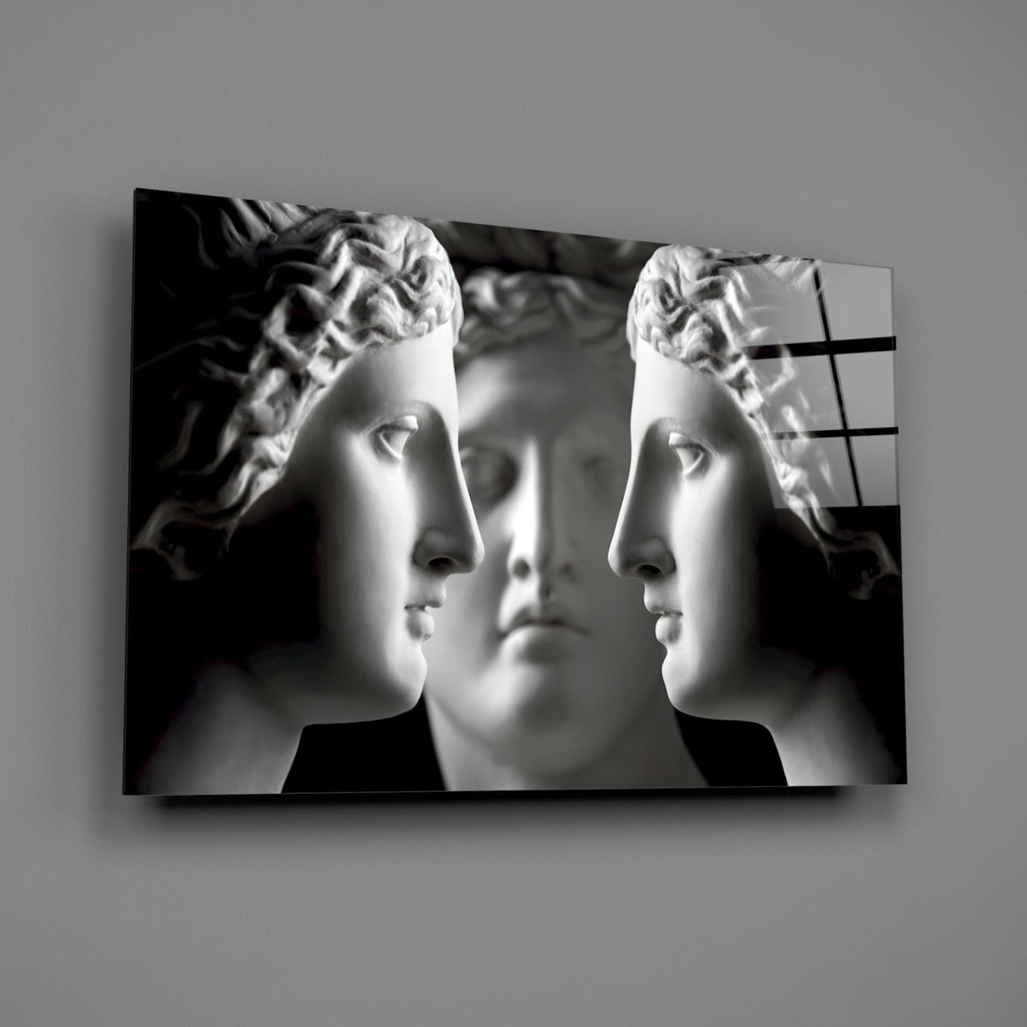 Black and White Mirrored Statue Faces Glass Wall Art
