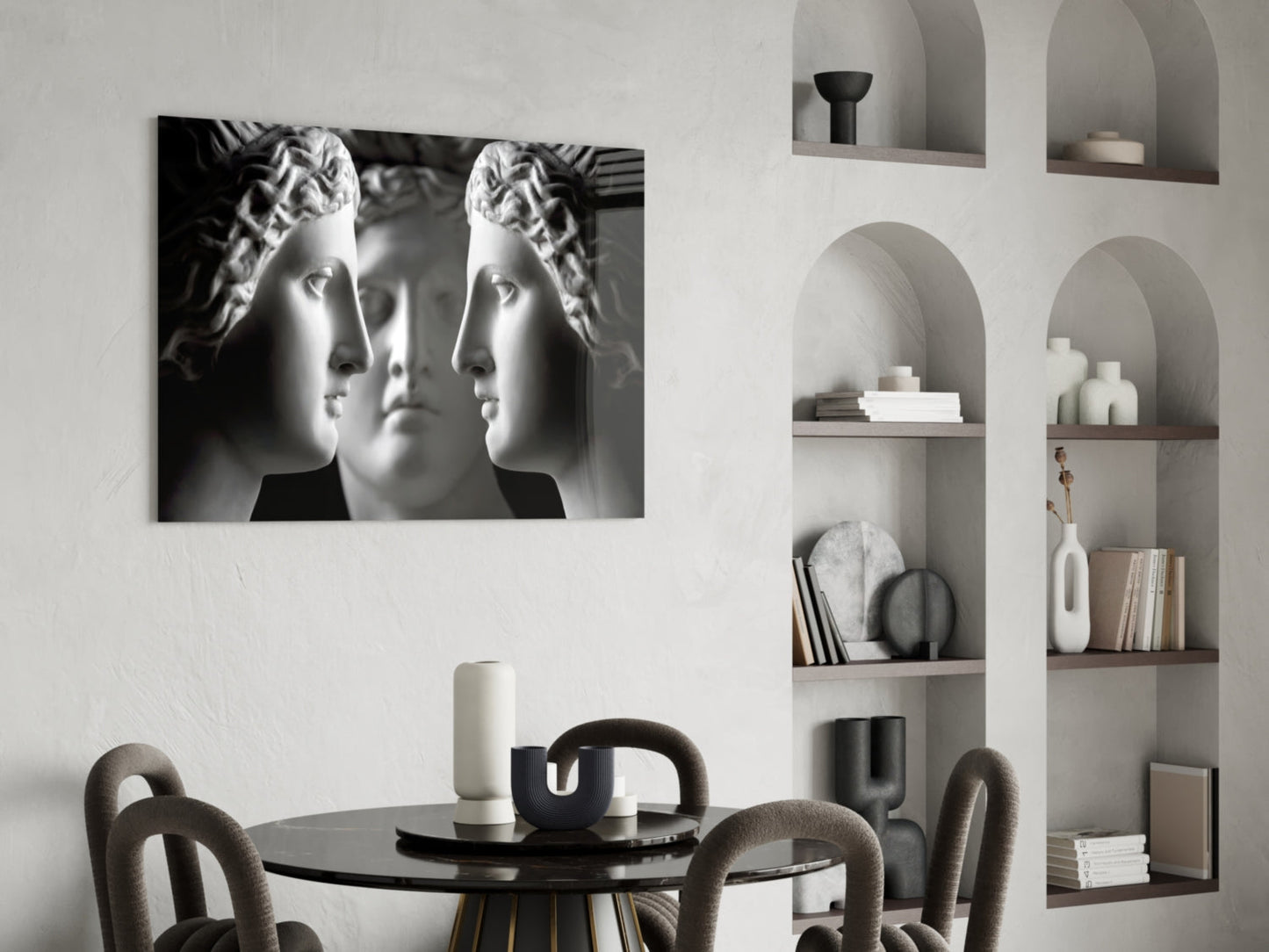 Black and White Mirrored Statue Faces Glass Wall Art