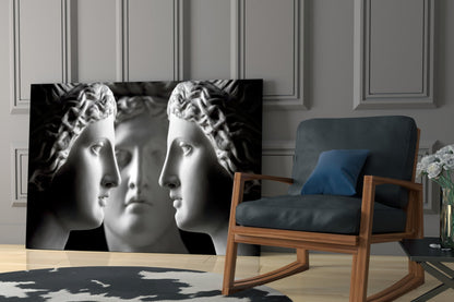 Black and White Mirrored Statue Faces Glass Wall Art