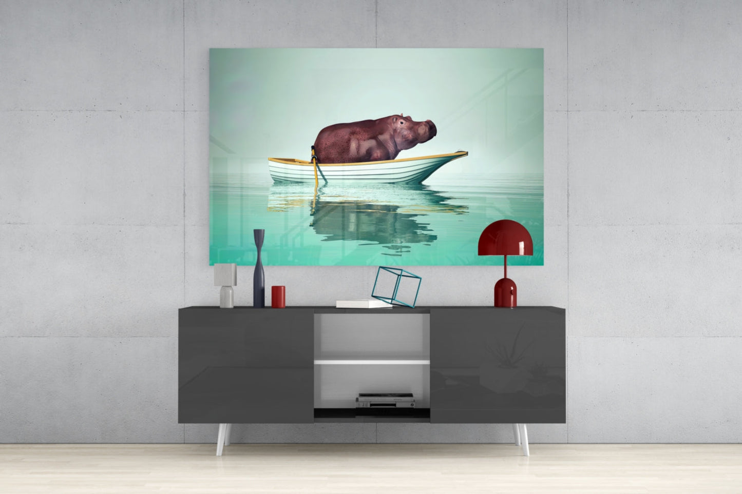 Hippo in Yellow Boat on Mint Water Glass Wall Art