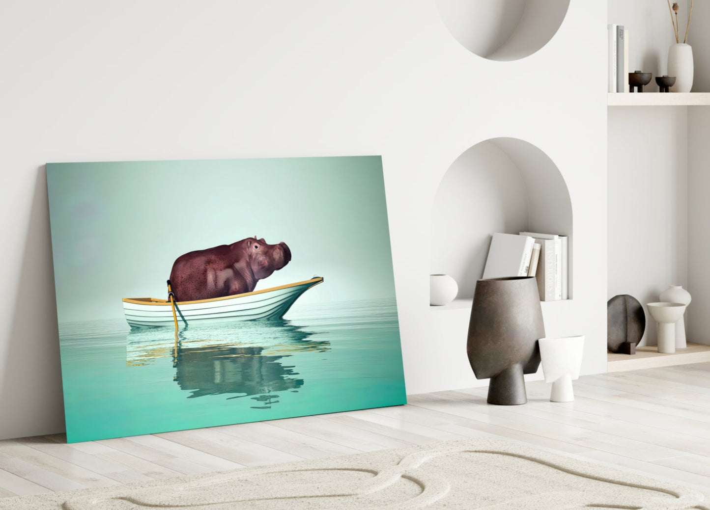 Hippo in Yellow Boat on Mint Water Glass Wall Art