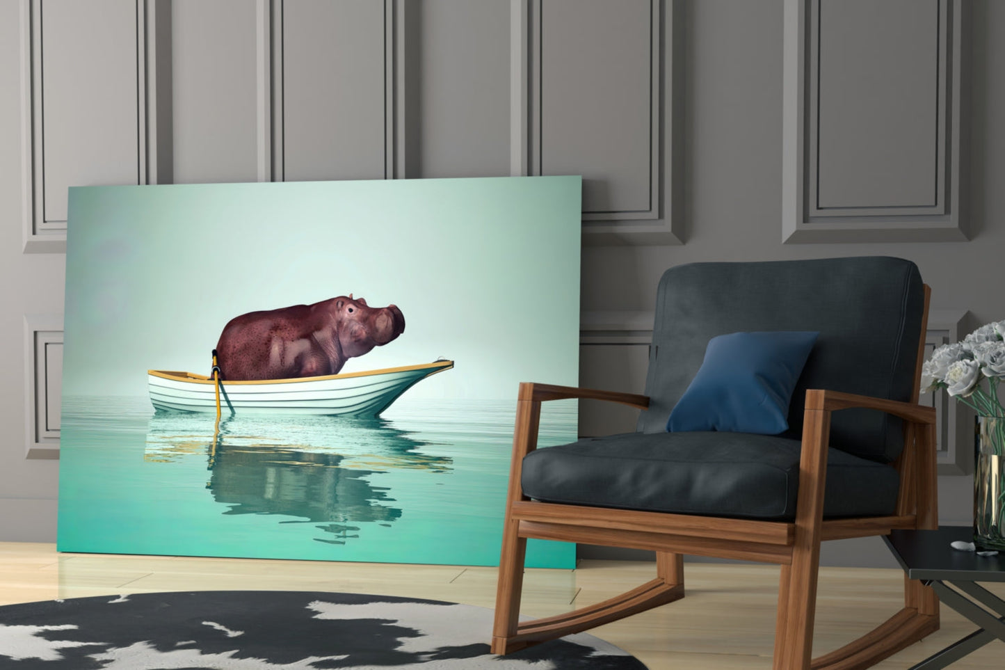 Hippo in Yellow Boat on Mint Water Glass Wall Art