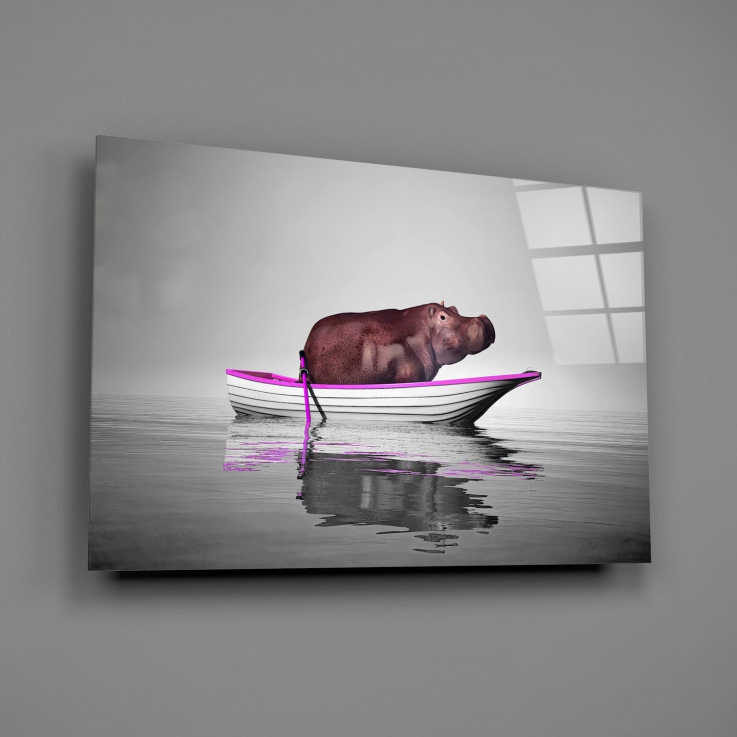 Hippo in Magenta Boat on Misty Lake Glass Wall Art