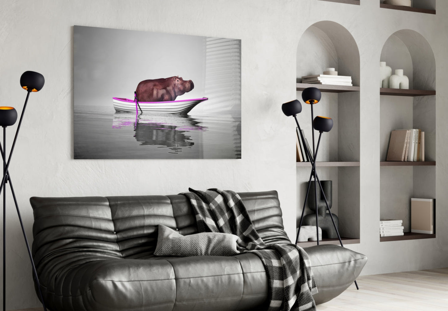 Hippo in Magenta Boat on Misty Lake Glass Wall Art