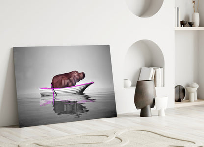Hippo in Magenta Boat on Misty Lake Glass Wall Art