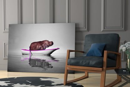 Hippo in Magenta Boat on Misty Lake Glass Wall Art