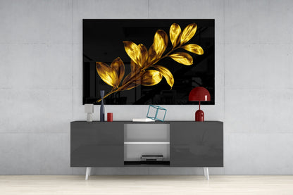 Yellow Leaves Glass Wall Art displayed on gray TV stand with red lamp and decorative items, showing golden illuminated foliage on black background.