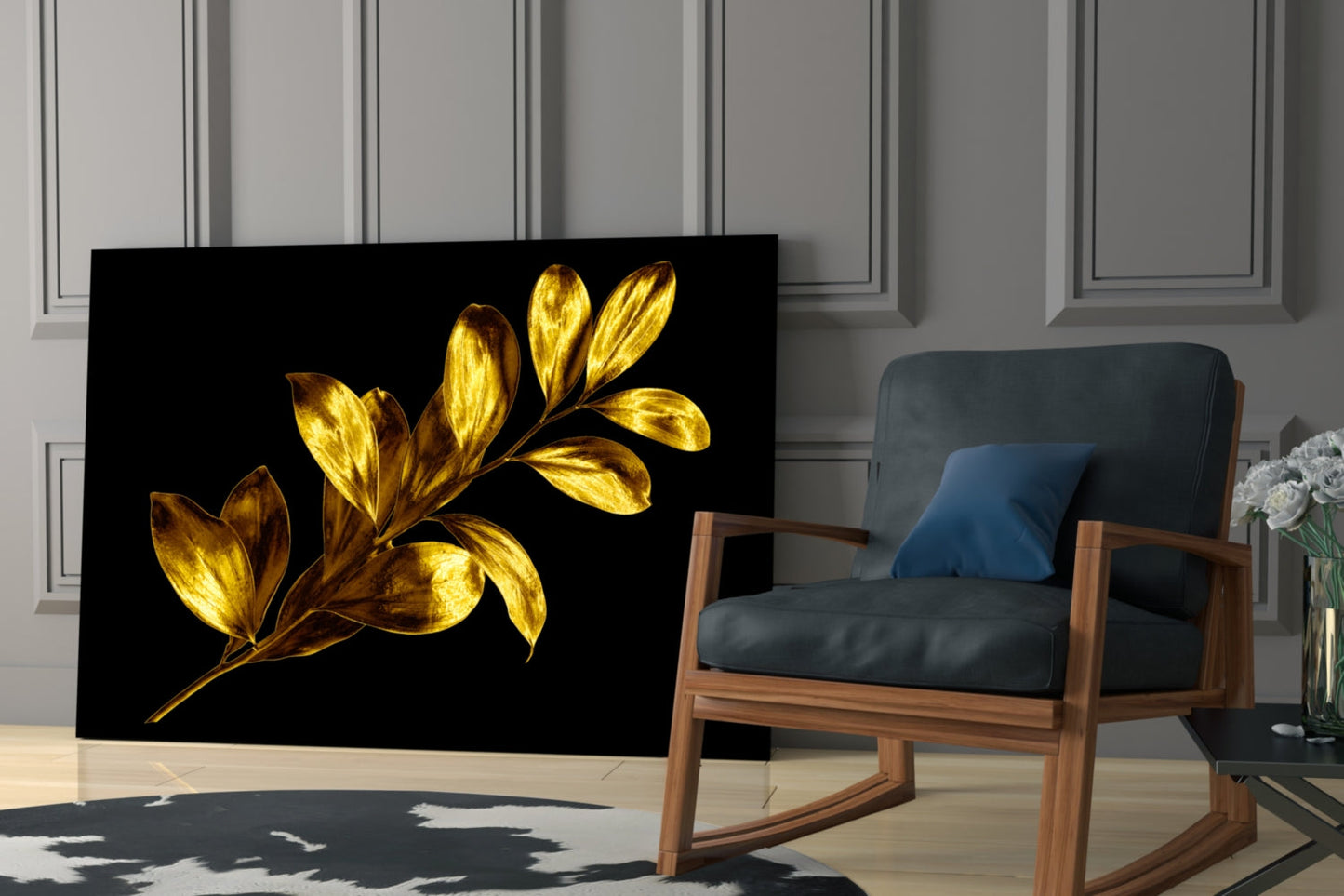 Yellow Leaves Glass Wall Art displayed in a modern living room beside a wooden chair with dark cushions.