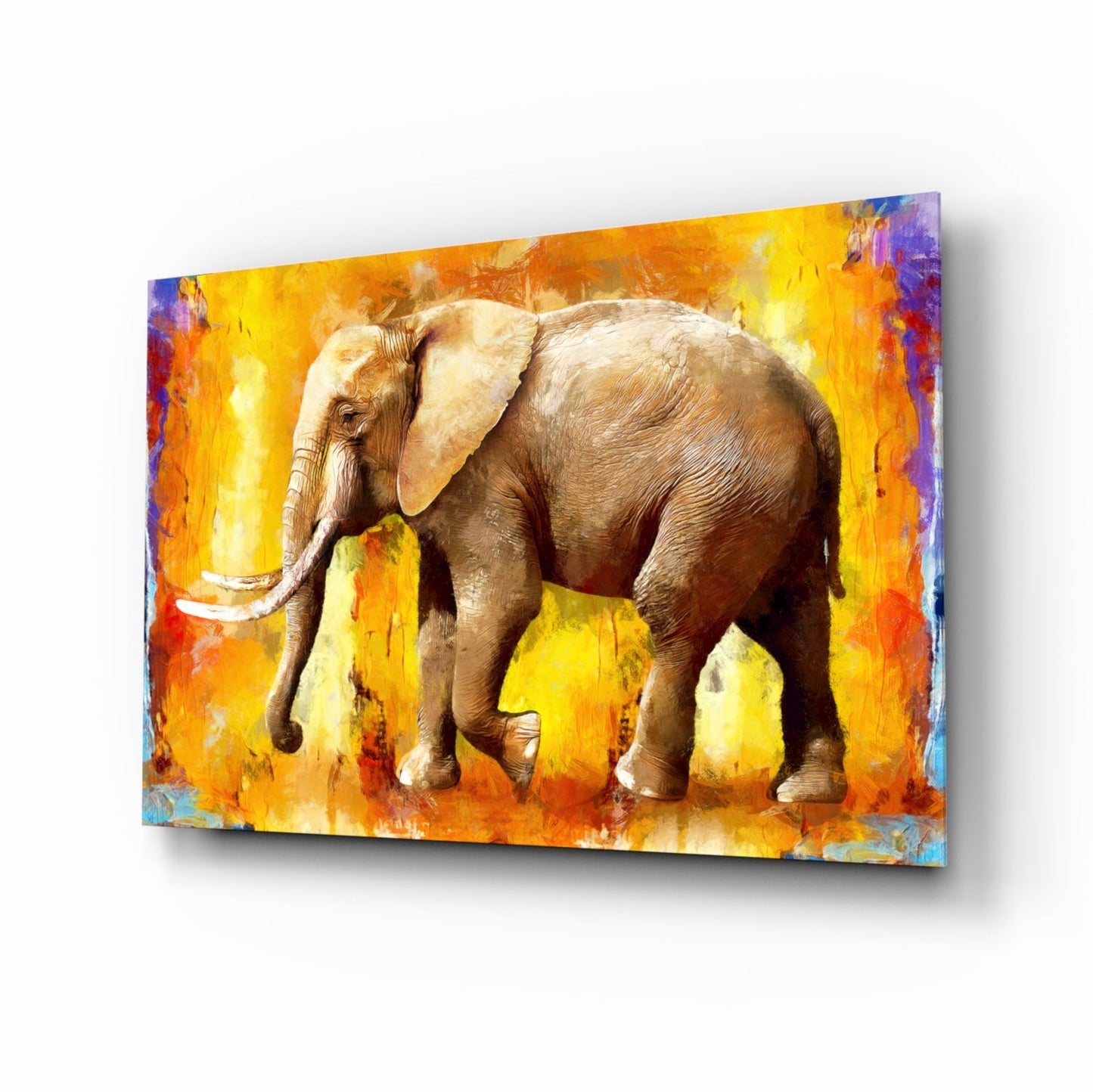 Golden Yellow Oil Painting Elephant Glass Wall Art