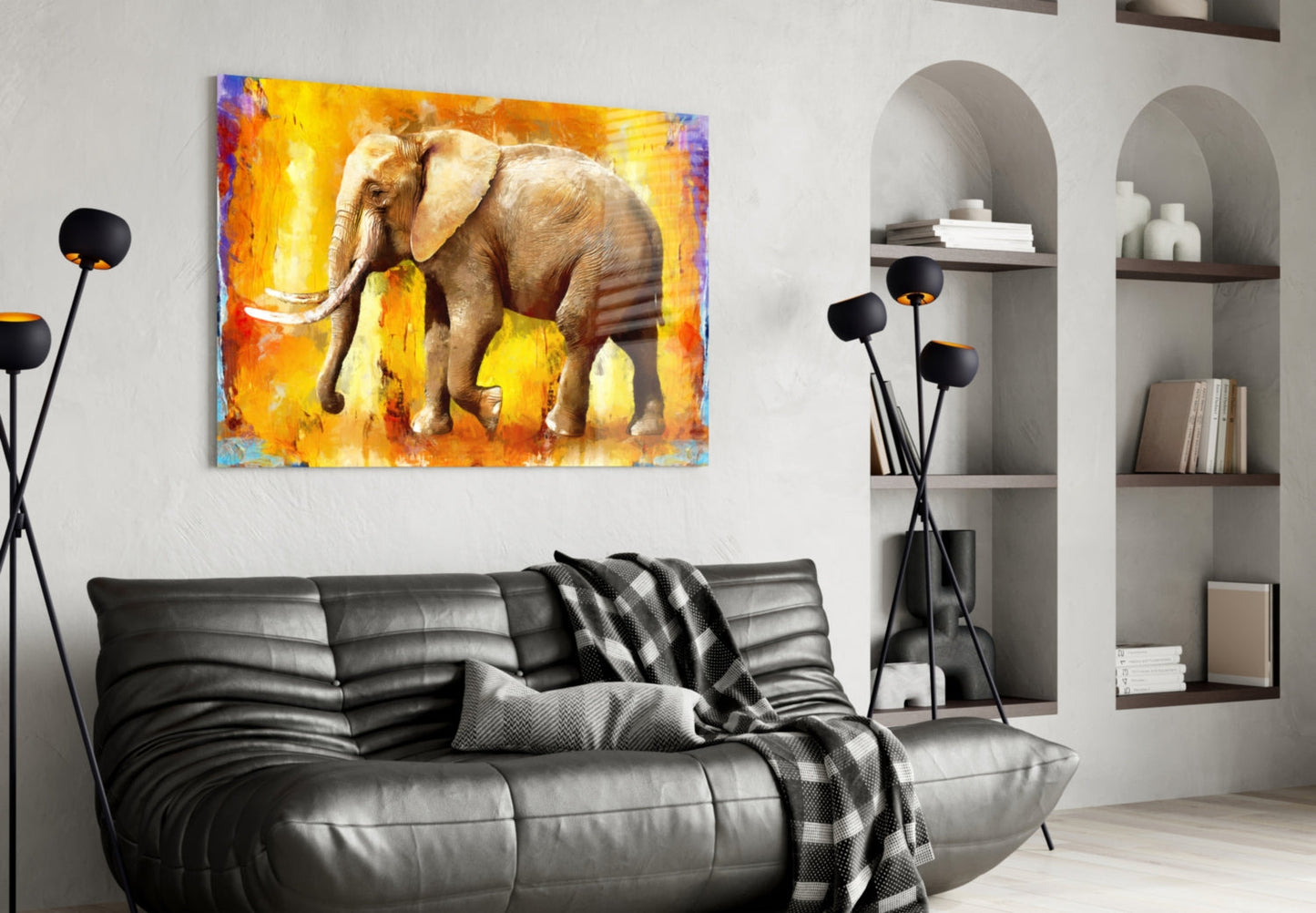 Golden Yellow Oil Painting Elephant Glass Wall Art