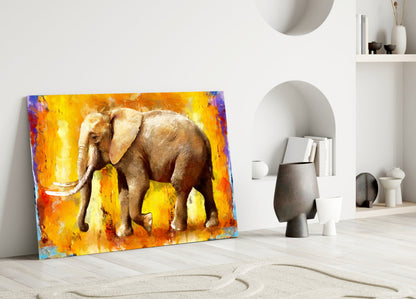Golden Yellow Oil Painting Elephant Glass Wall Art