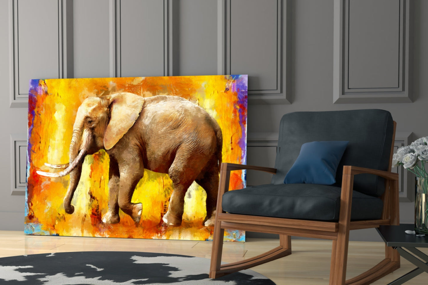 Golden Yellow Oil Painting Elephant Glass Wall Art
