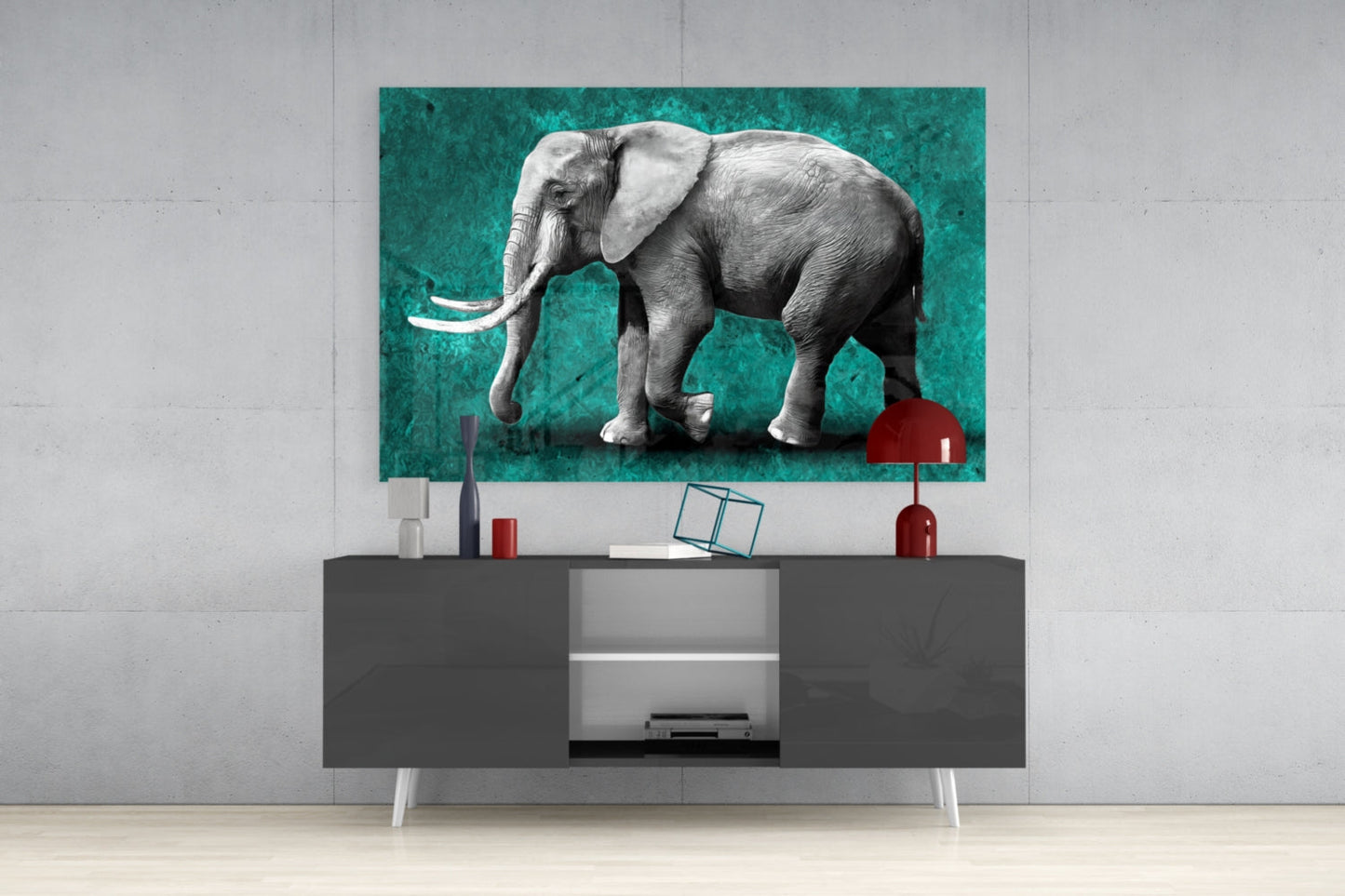 Grayscale Elephant Teal Backdrop Glass Wall Art