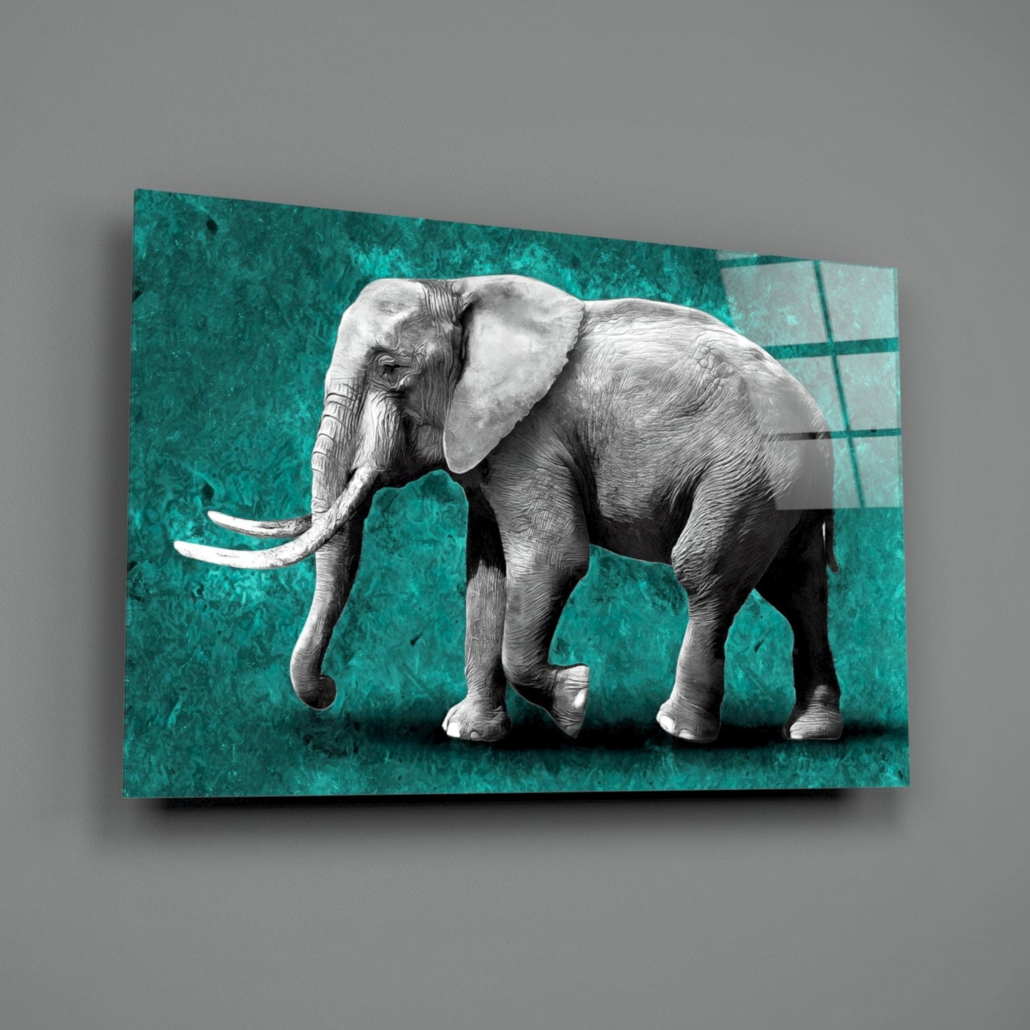 Grayscale Elephant Teal Backdrop Glass Wall Art
