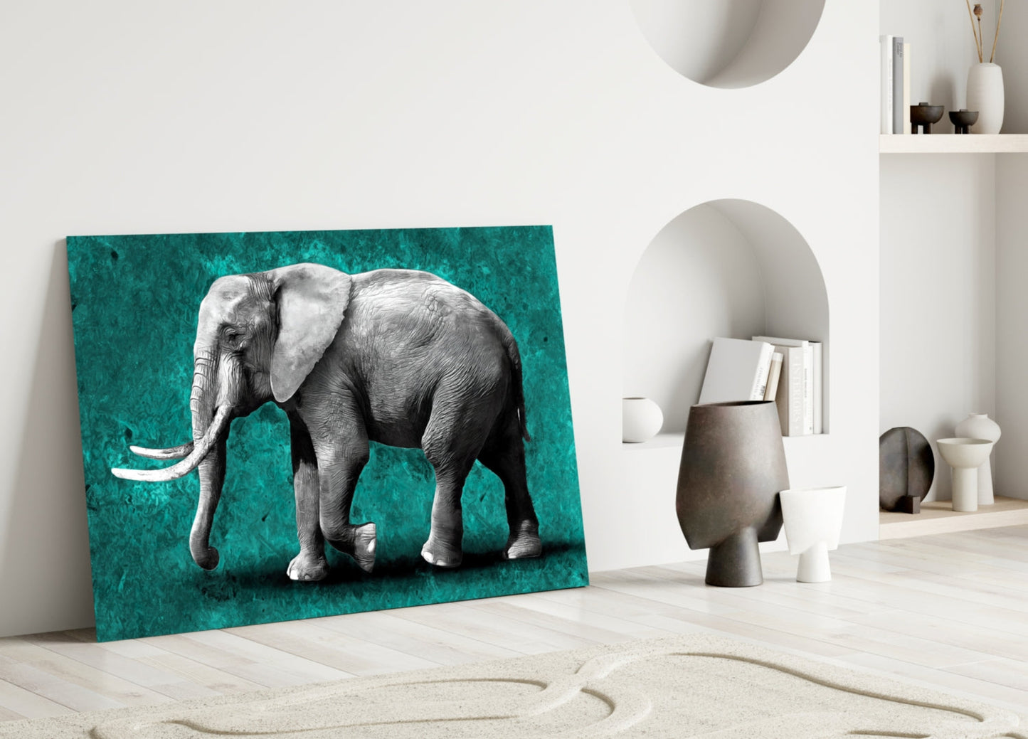 Grayscale Elephant Teal Backdrop Glass Wall Art