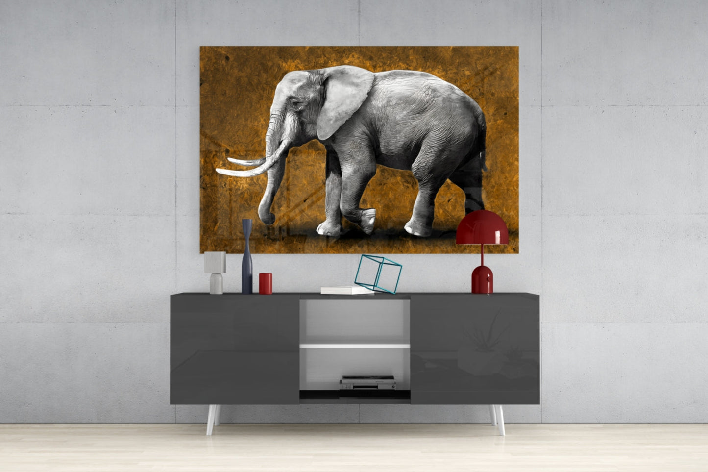 Grayscale Elephant Golden Backdrop Glass Wall Art