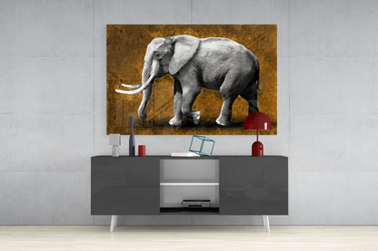 Grayscale Elephant Golden Backdrop Glass Wall Art