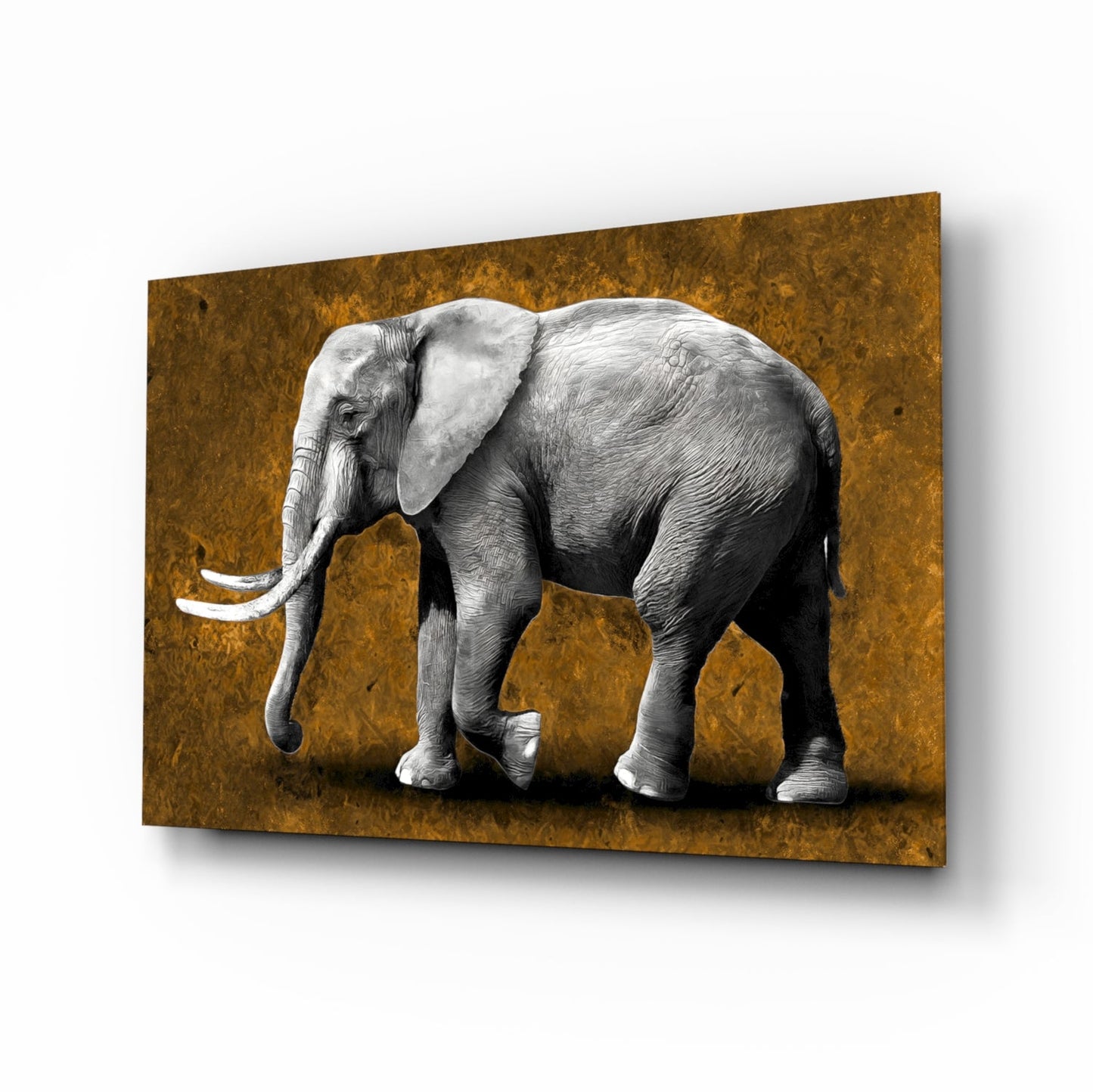 Grayscale Elephant Golden Backdrop Glass Wall Art