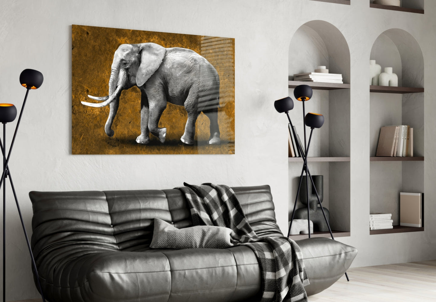 Grayscale Elephant Golden Backdrop Glass Wall Art